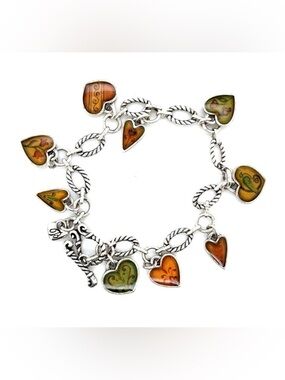 Brighton Vintage Silver Tone Bracelet with Orange & Green Heart Charms